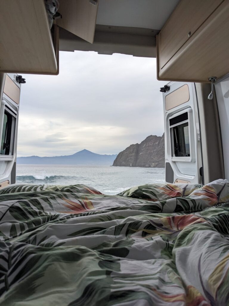 Campervan parked in Tenerife mountains with ocean view during April Easter road trip in 2026